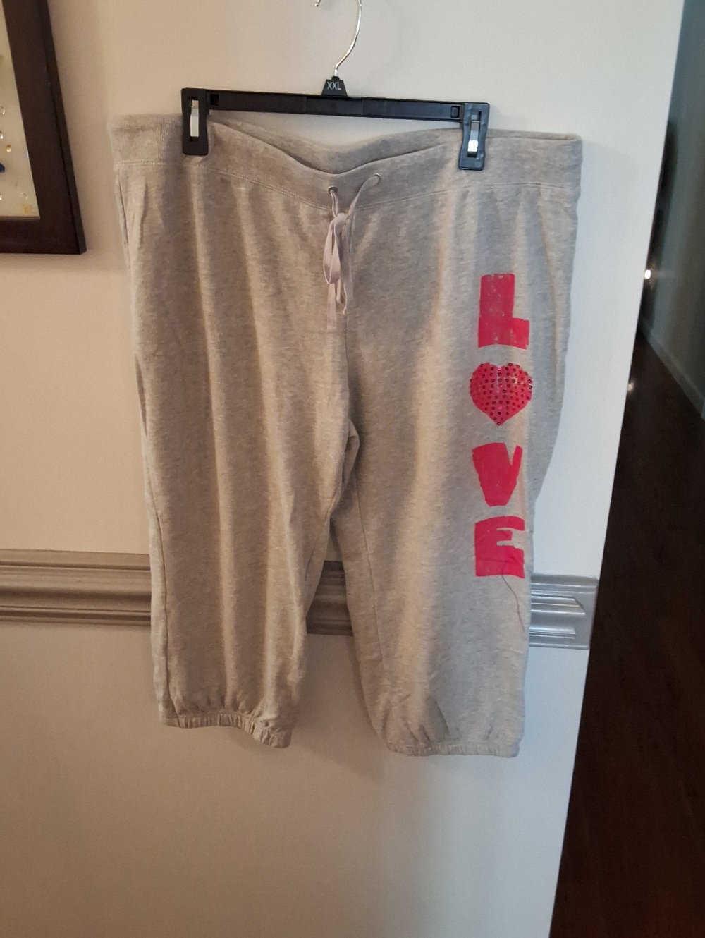 Hard Candy Gray Terry Cloth Capri with Pink LOVE Design